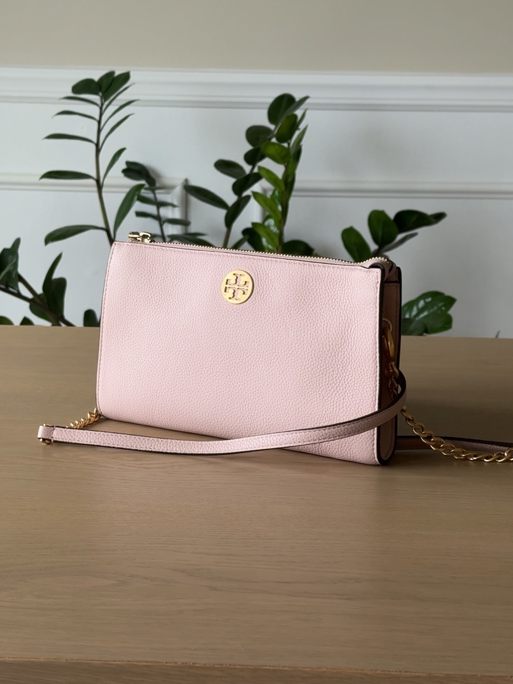 Tory Burch Pale Pink Pebbled Leather Crossbody with Gold Logo